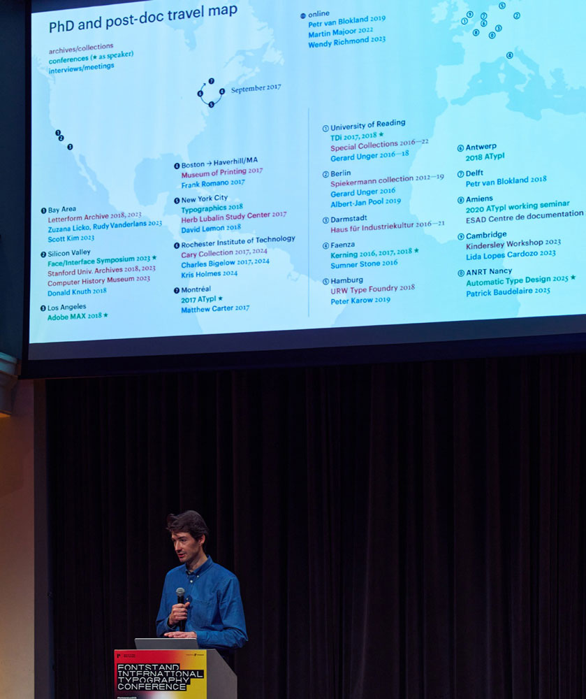 Ferdinand Ulrich shares his PhD research travel map at the Fontstand Conference in Berlin, 11 April 2026. Photograph by Norman Posselt.  
