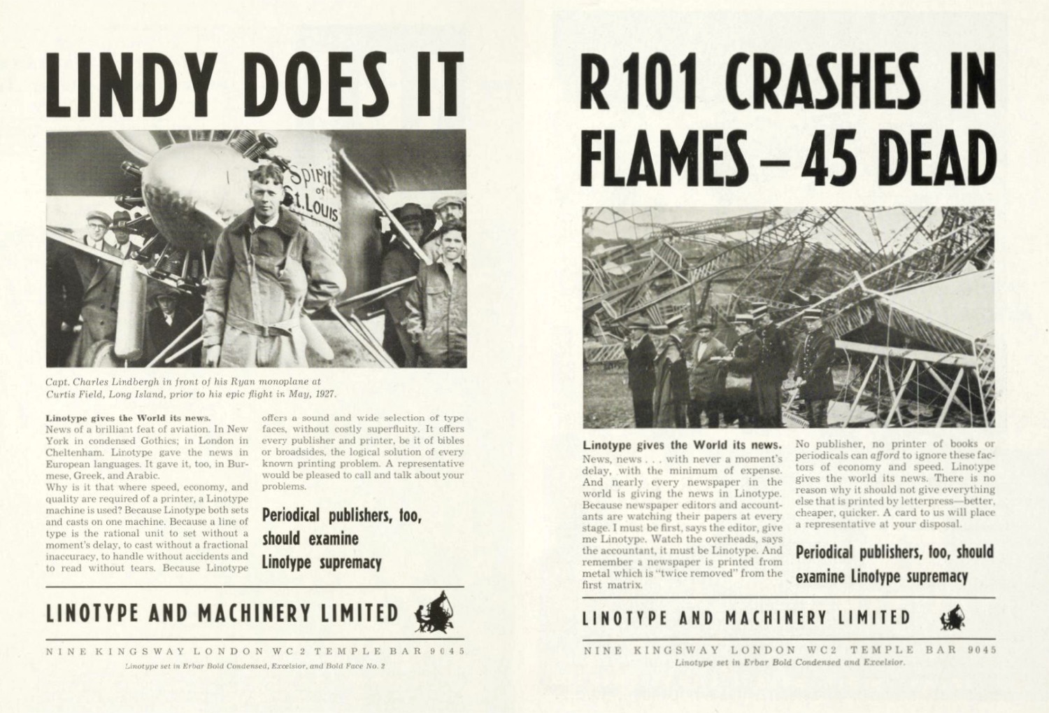 Two ads featuring Erbar Bold Condensed by Linotype and Machinery Limited, the British branch of the Linotype company.