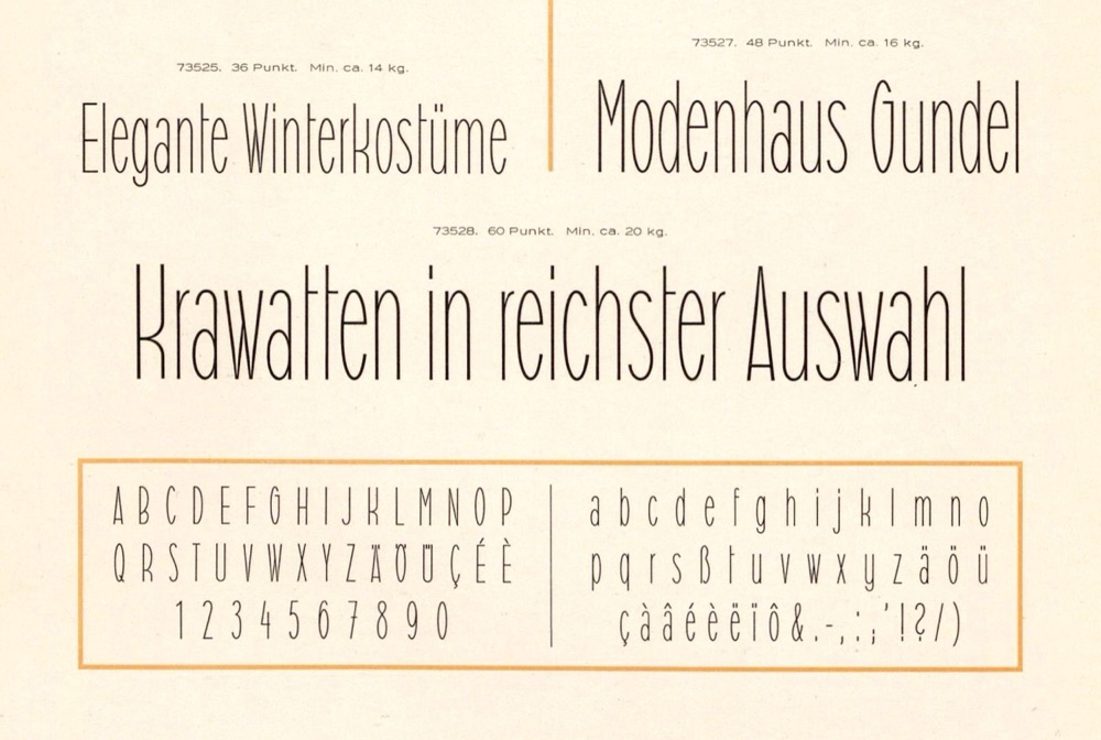 Flamingo (Berthold, 1928) is a condensed sans that follows the principles of geometric construction, with elliptical rounds. The design by Louis Oppenheim came in solid and open styles, but doesn’t have a counterpart of regular width.