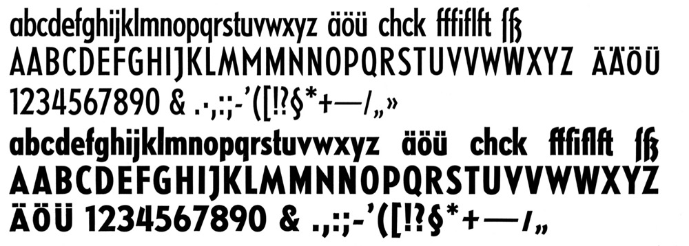 Kristall-Grotesk by Norddeutsche Schriftgießerei originated at Wagner & Schmidt, a company specialized in punchcutting. The design was acquired by various foundries and sold under different names. Some versions offered alternates with blunt and pointed terminals for a couple of letters. Unlike the regular-wide styles, ‘G’ has a flat section and ‘b’ a spur.