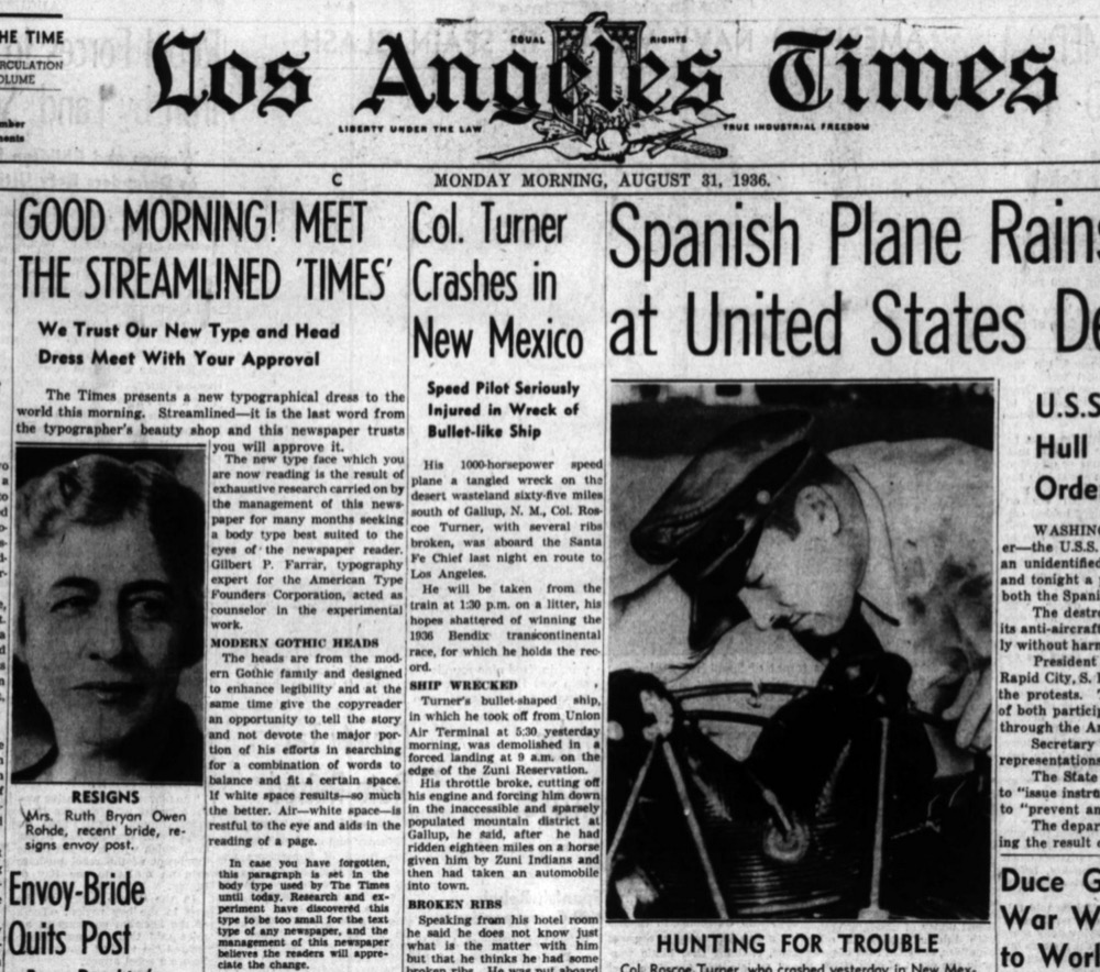 “Meet the streamlined ‘Times’”: front page detail of the first issue of the Los Angeles Times to feature Erbar Light Condensed, from August 31, 1936. The largest headline uses News Gothic Condensed while the smaller ones are in Metroblack.