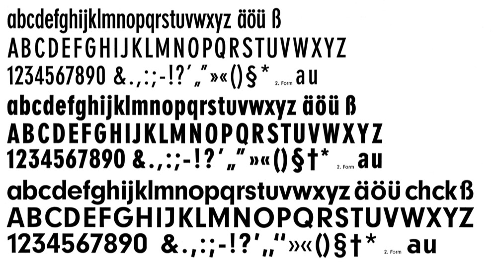 The x-height of Neuzeit-Grotesk is already pretty tall. For the condensed styles, it was raised just a tiny bit. Note the adjustments in ‘M’ (blunt center above the baseline), ‘J’ (no bar), and the differently angled terminals in **/c**, **/e**, **/s**, etc. The differentiation between the letter ‘O’ and the zero is almost non-existent in the schmalfett.