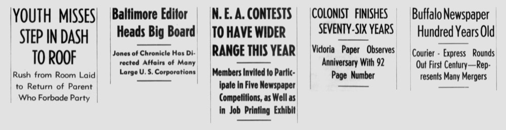 John E. Allen was the editor of The Linotype News. In 1935, he contributed an article to The Quill in which he looked at recent trends in the design of newspaper heads. Many of the included examples feature Linotype’s Erbar Condensed alongside Metro.